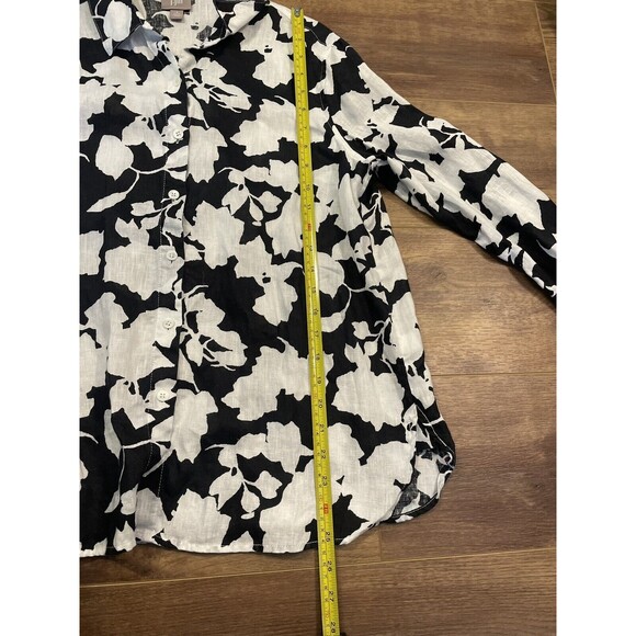 J. Jill Small Petite Floral Top Button Up Long Sleeve Black/White 100% Linen - Picture 7 of 7